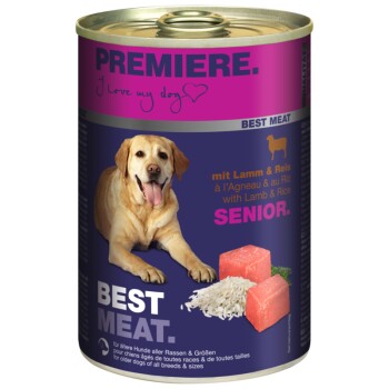 Dosenfutter für Hunde mit der Aufschrift "Premiere. Best Meat." mit einem gelben Labrador, mit Zutaten aus Lamm und Reis, geeignet für ältere Hunde.
